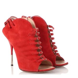 Authentic Giuseppe Zanotti Red Suede Strappy Open-Toe Booties